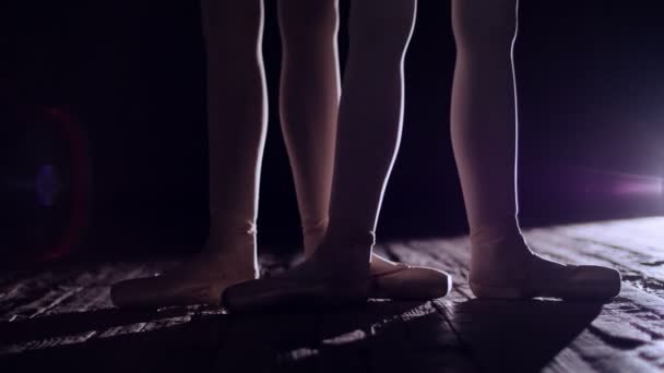 close up, in rays of spotlight, on the stage of the old theater hall. ballerinas raise on toes in pointe shoes, performs elegantly a certain ballet exercise, releve in second position - 映像、動画