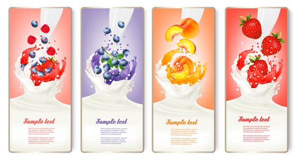 Set of banners with berries and fruit falling into milk and juic - Вектор, зображення