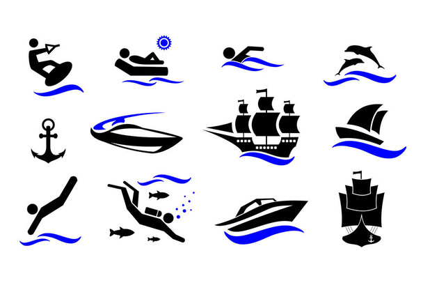 Sport. Sport acquatici. Vacanza attiva al mare. Le icone sono impostate. Illustrazione vettoriale isolata su sfondo bianco
. - Vettoriali, immagini