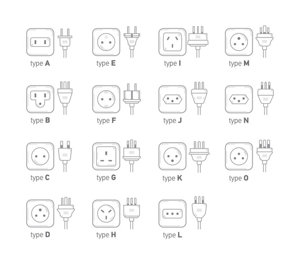 Electric outlet illustration on white background. All type power socket set, vector isolated icon illustration for different country plugs. Power socket - World standards icons set. - Wektor, obraz