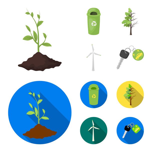 Een vuilnisbak kan een zieke boom, een windturbine, een sleutel tot een bio-auto. Bio en ecologie instellen collectie iconen in de tekenfilm, vlakke stijl vector symbool stock illustratie web. - Vector, afbeelding