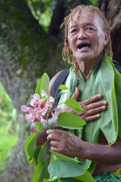 Olde ηλικίας Ειρηνικού Islander άνθρωπος εξηγεί σχετικά με εξωτικό λουλούδι στο ε - Φωτογραφία, εικόνα