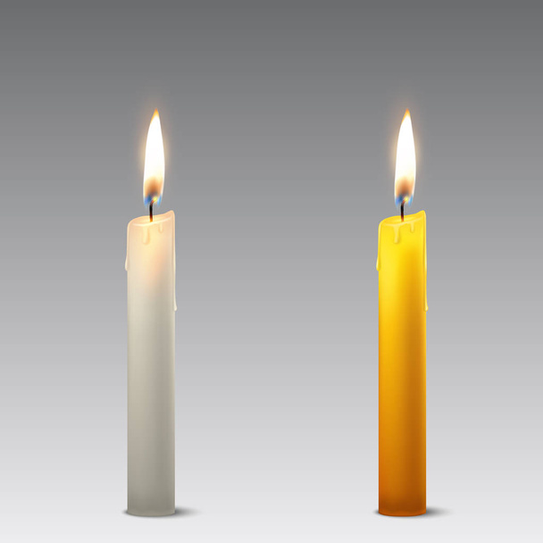 Vector 3d realistic white and orange paraffin or wax burning party candle icon set closeup isolated. Design template, clipart for graphics - Vector, Image