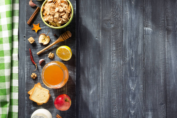 healthy food on wooden table  - Фото, изображение