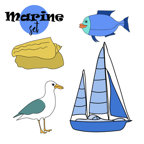 Vector drawn marine set of fish, ship, seagull, and seashel in doodle style. - Вектор, зображення