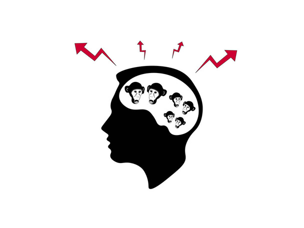 Черно-белая иллюстрация болтливых обезьян в человеческом разуме с агрессивными знаками выше
  - Вектор,изображение