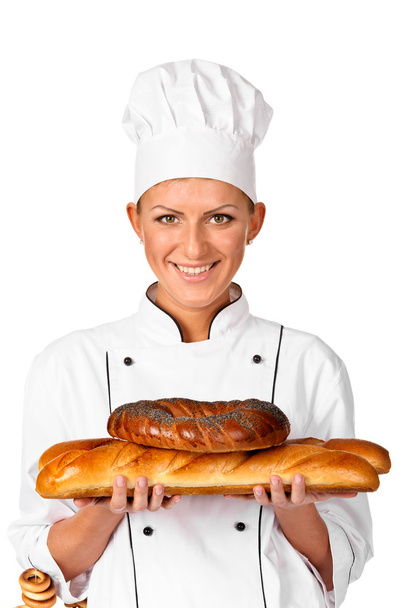 Carino femminile Chef panettiere o cuoco tenendo in mano un bel pane Brea
 - Foto, immagini