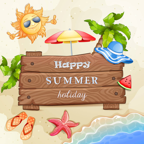 Summer elements vacation with wood banner - Vector, afbeelding