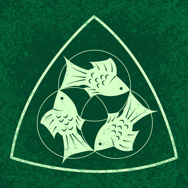 Trinity Sunday. Christian holiday. Three fish, located symmetrically. On a green background - Vector, Image