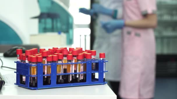 Tubos de ensayo con muestras de sangre en el laboratorio médico
 - Imágenes, Vídeo