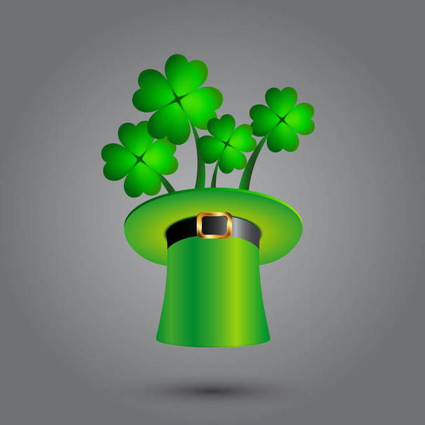 四つ葉のクローバーが付いている緑のレプレコーン管の帽子 - ベクター画像