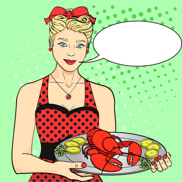 The hostess, the cook, the waiter in red serves food. A woman is presenting a lobster on a tray. Pop art style text bubble - Vector, Image