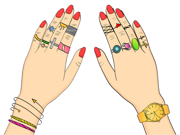 geïsoleerde object op witte achtergrond gekleurde vectorillustratie. Handen van de vrouw in de mode-sieraden, juwelen, ringen en horloges - Vector, afbeelding