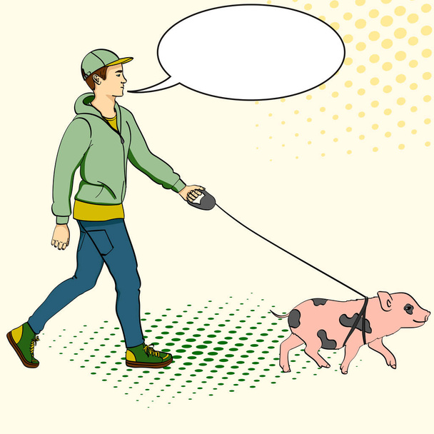 Popart man lopen een mini varken. Vector van een imitatie komische stijl, retro. tekst zeepbel - Vector, afbeelding