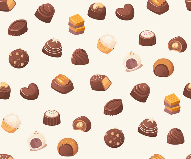 Folytonos vector mintás csokoládé édességek, fehér háttér. Legjobb részére, csomagoló papír, terítő, szalvéták és textil tervezés. - Vektor, kép