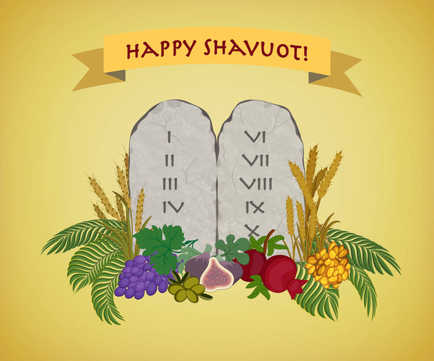 Fête juive de Shavuot, tablettes de pierre et sept espèces
 - Vecteur, image