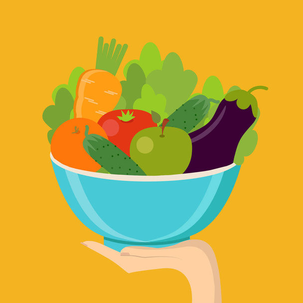 Концепция здорового питания. Рука держит органические продукты. Свежие фрукты и овощи. Векторная плоская конструкция
 - Вектор,изображение