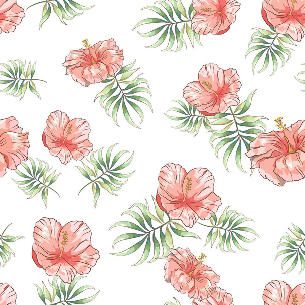 Seamless pattern with hand drawn hibiscus flower and palm leaves on white background, Wallpaper with tropical flowers - Вектор,изображение