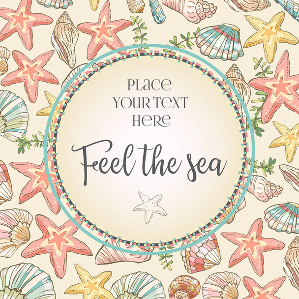 Template with sea elements. Round composition with shells. Vector illustration. Happy birthday card. - Vector, afbeelding