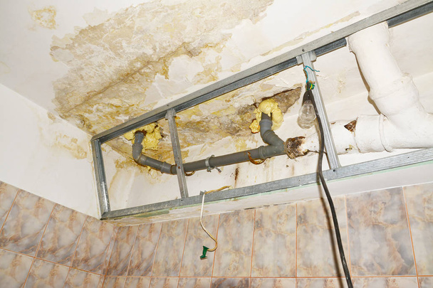Dommages d'eau dans le plafond de salle de bains de condo, inondation du voisin à l'étage
 - Photo, image