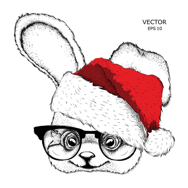 The christmas poster with the image rabbit portrait in Santa's hat. Hand draw vector illustration. - Вектор,изображение
