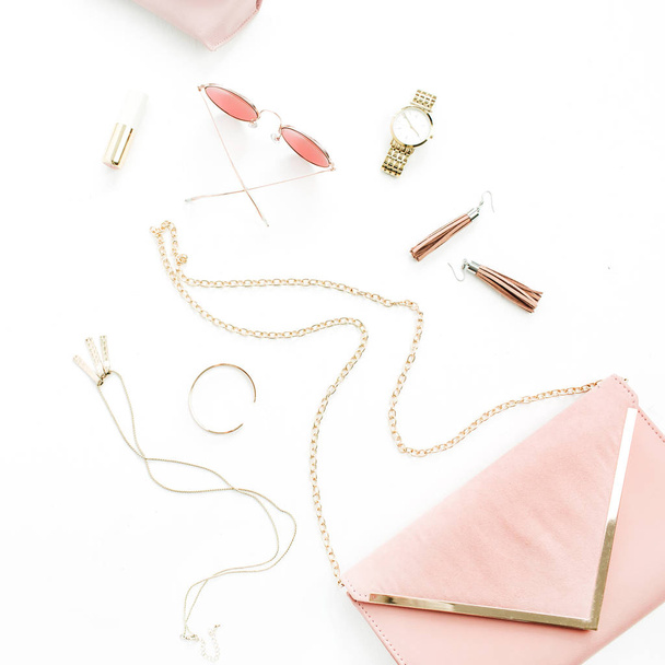 Female fashion trendy stylish pastel pink accessories set on white background. Flat lay, top view. - Foto, Imagen