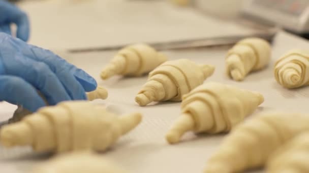 Közelről papír tálca pultokra a sütés előtt feküdt kifli - Felvétel, videó