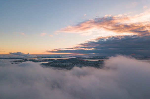 Aerial view of a coast of Ladoga Lake over the fog - Foto, Imagen