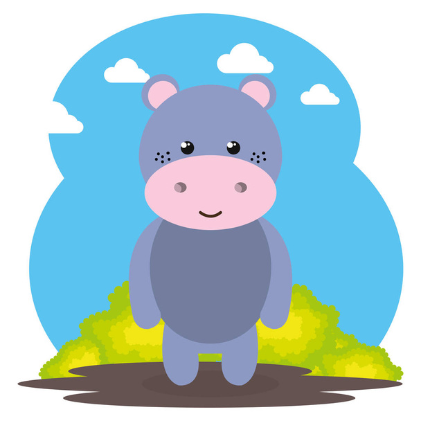 cute hippopotamus in the field landscape character - Vector, Image