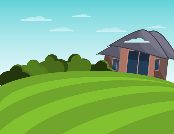 Farmhouse and field. Peaceful landscape. Flat illustration. - Vettoriali, immagini