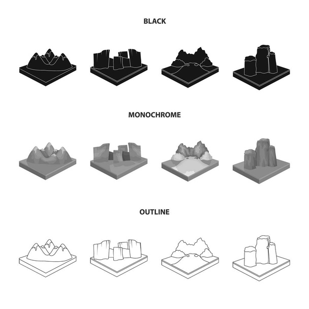 Mountains, rocks and landscape. Relief and mountains set collection icons in black,monochrome,outline style isometric vector symbol stock illustration web. - Vector, imagen