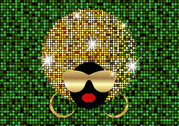 retrato Africano Mulheres, pele escura rosto feminino com cabelo brilhante afro e ouro óculos de sol de metal no tradicional turbante étnico dourado, conceito de penteado, capa para música negra, discoteca, eventos de beleza
  - Vetor, Imagem