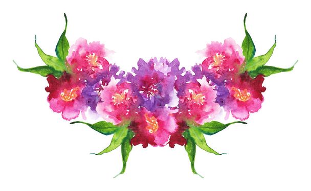 Watercolor pink purple flower floral peony rose carnation leaf boutonniere composition frame isolated art illustration - Photo, Image