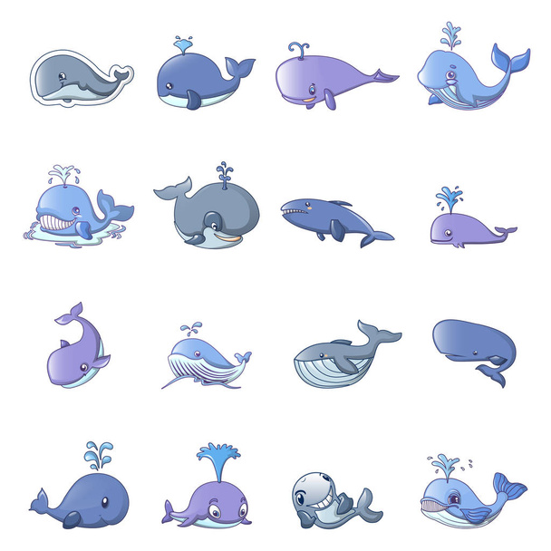 Whale blue tale fish icons set, cartoon style - Vektor, kép