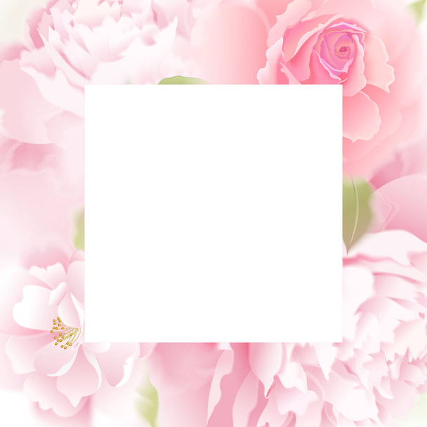 Roses and peonies. Flower frame. Vector. Garden flower hand drawing pastel. Realistic floral illustration - design template luxury packing, wrapping. Pink flowers and green leaves on white background. - Vektor, obrázek
