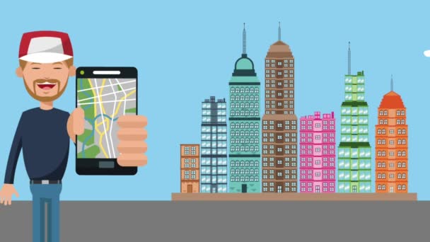 Ο άνθρωπος χρησιμοποιεί Gps app στο city κινούμενα σχέδια Hd - Πλάνα, βίντεο
