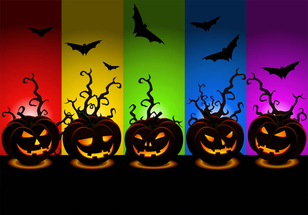 scary halloween wallpaper with various carved pumpkins - Photo, Image