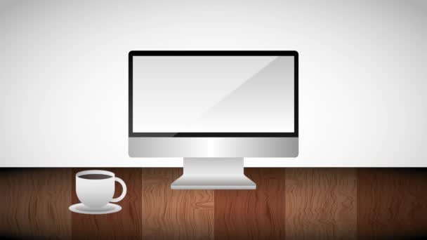 монітор комп'ютера гаряча чашка кави і папір в дерев'яному столі
 - Кадри, відео
