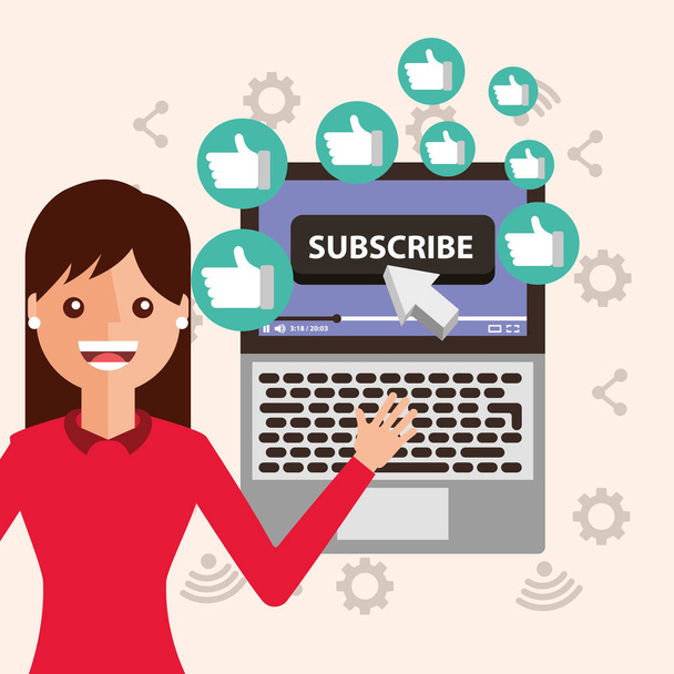young woman subscribe channel laptop likes - Vector, Image