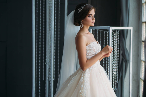 preparation of the bride on a wedding day. Beautiful brunette girl in a white luxury dress, with earrings, make-up and hairdo posing in a dark studio. Concept of marriage and family. - Foto, Imagem