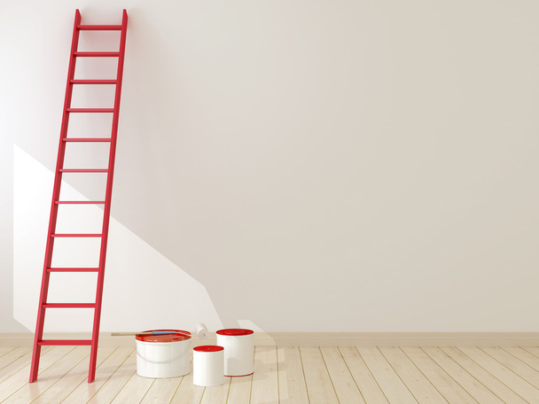 Красная лестница к стене
 - Фото, изображение
