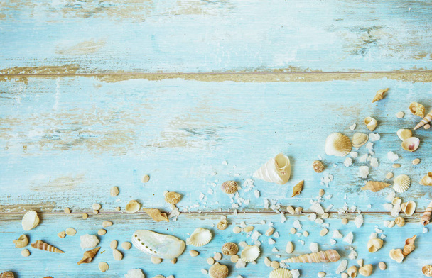 Wooden background with sea shells, travel, sea tour concept.Summer holiday background, Vacation and travel items - Photo, Image