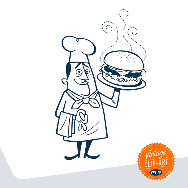 Vintage chef con hamburger di grandi dimensioni
 - Vettoriali, immagini
