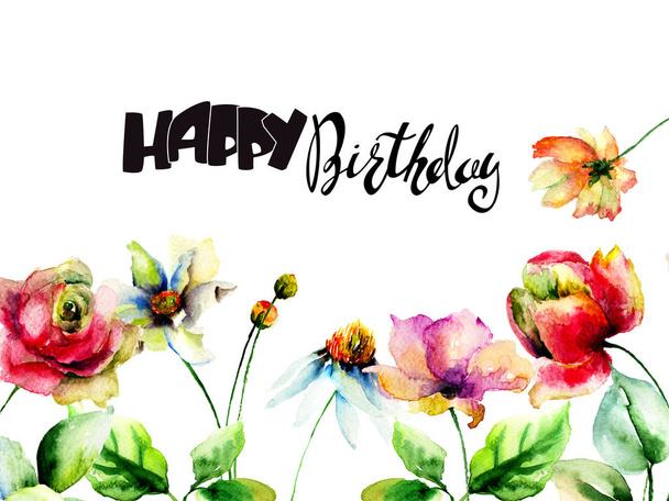 Original flowers with title Happy Birthday, watercolor illustration, Template for greeting card with calligraph - Foto, Imagem