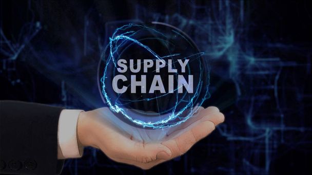 Hand toont concept hologram Supply Chain op zijn hand geschilderd - Foto, afbeelding