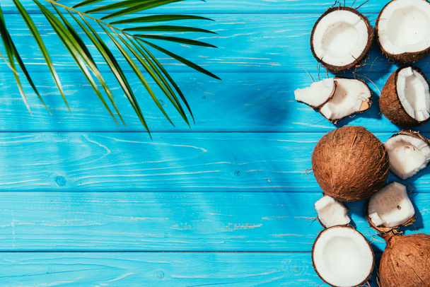 vista superior de cocos orgánicos sanos y hojas de palma verde sobre una superficie de madera azul
 - Foto, Imagen