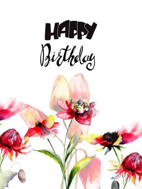 Tulips and Peony flowers with title Happy Birthday, watercolor illustration, - Zdjęcie, obraz