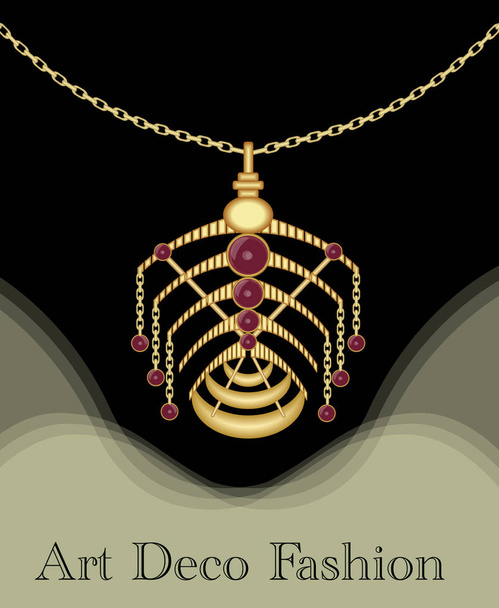 Luxury art deco filigree pendant, unusual jewel with red ruby on golden chain , antique elegant gold jewelry, fashion in victorian style - Vector, Image
