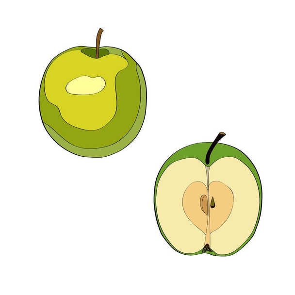Vector illustration. Apple, sliced apple, half apple. Black line, outline. - Vector, imagen