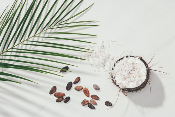 Ansicht von der Hälfte der Kokosnuss mit Spänen und Kakaobohnen mit grünen Palmblättern auf weiß - Foto, Bild